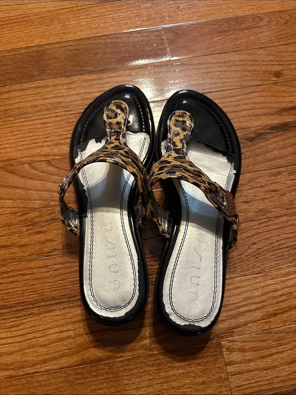 Unisa Leopard Print Thong Sandals - Black and Gold